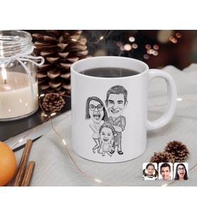 BK Gift Kişiye Özel Karakalem 3'lü Aile Karikatürlü Beyaz Kupa Bardak-1