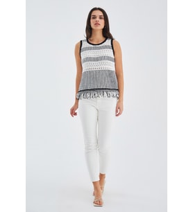 Peraluna KIYO BLOUSE Püskül Detaylı Kolsuz Yazlık Kadın Triko Bluz - Ekru/Siyah