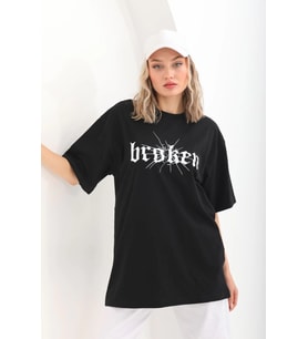 Kadın Kısa Kol Yazlık Tişört Bisiklet Yaka Baskılı Oversize T-Shirt - Siyah