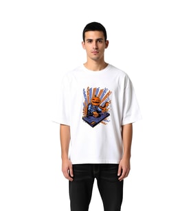 Erkek Oversize Tişört DJ Balkabağı Vinylçı Pelerinli Baskılı Cadılar Bayramı Temalı Günlük Rahat