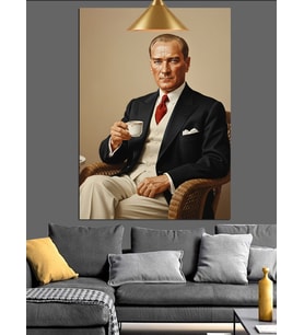 Mustafa Kemal Atatürk Kahve İçiyor Dekoratif Kanvas - Mdf Ahşap Tablo