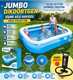 Jumbo Dikdörtgen Şişme Aile Havuzu 262x175x51 CM + El Pompası Hediye Geniş Bahçe ve Yaz Havuzu