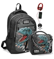 Coral High Okul Sırt Çantası ve Beslenme Çantası Seti - Erkek Çocuk Siyah Dinazor - USB Soketli