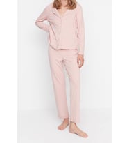 Tarz Rahat Uzun Kollu Boru Paça %100 Pamuklu Baskılı Gömlek-Pantolon Örme Pijama Takımı (Pudra)