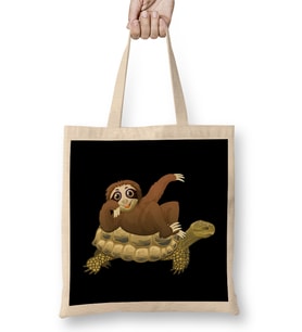 Cute & Funny Sloth Riding Turtle Adorable Animals Bez Çanta Uzun Saplı