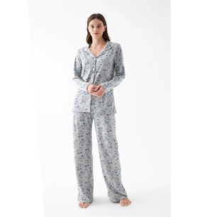 Giyim Kadın Gri Desenli Düğmeli Pamuklu Pijama Takımı