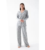 Giyim Kadın Gri Desenli Düğmeli Pamuklu Pijama Takımı