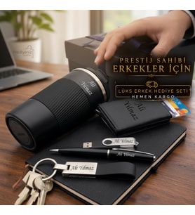 Kişiye Özel Lüks Hediye Seti Çelik Termos Bardak Mekanizmalı Kartlık Cüzdan Defter Kalem Usb Bellek Anahtarlık - Hemen Kargo Erkek Kadın Hediye Seti