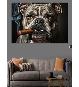Puro İçen Bulldog Köpek Portresi Dekoratif Kanvas - Mdf Ahşap Tablo