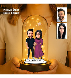 Kişiye Özel Çift Karikatür Fanus  Sevgili ve Evlilere Özel Işıklı Biblo