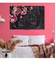 Tekli Yatay Kanvas Duvar Tablosu Pembe Gül ve Siyah Yapraklar
