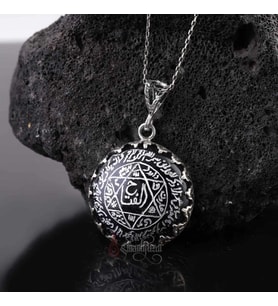 Doğal Siyah Yıldız Taşı Süleyman Mührü 925 Ayar Gümüş Kolye