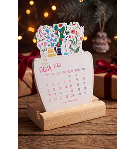 Çiçekli Masaüstü Takvimi, Ahşap Standlı 2027 Yılı Takvim 9x11 cm (Çok Renkli)