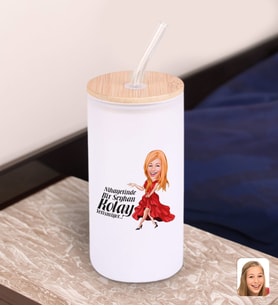 BK Gift Karikatürlü Beyaz Renk Pipetli Buzlu Cam Bardak 600ml - 3, Arkadaşa Hediye, Doğum Günü Hediyesi