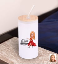 BK Gift Karikatürlü Beyaz Renk Pipetli Buzlu Cam Bardak 600ml - 3, Arkadaşa Hediye, Doğum Günü Hediyesi