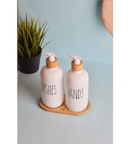 2 'li Beyaz Mutfak Sıvı Sabunluk Seti 500 ML + 500 ML Bambu Tepsili (Doğal Beyaz)