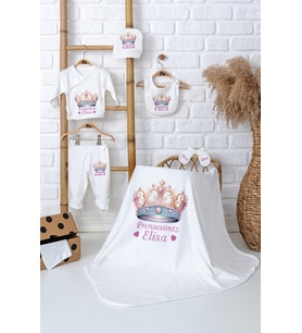 Pia Baby Premium Kişiye Özel Battaniye ve 5 Parça Zıbın Kız Bebek Hediyesi 5047-04 (Ekru)