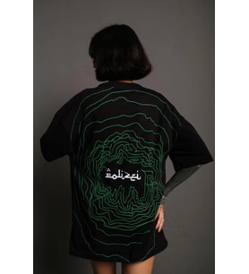 Kadın Bisiklet Yakalı Sırt Baskılı Oversize Kısa kol T-Shirt - Siyah