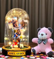 Sizlere Özel Led Işıklı Biblolu Fanus ve Pembe Peluş Ayıcıklı Anahtarlık (Model 10)