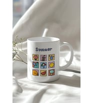 Yaz Temalı Sevimli İkonlar Desenli 330ml Baskılı Beyaz Seramik Kupa Bardak