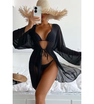 Angelsin Uzun Önden Bağlamalı Plaj Elbisesi Pareo Kimono (Siyah)