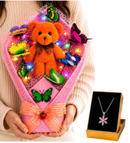 Renkli LED Işıklı Peluş Ayıcık Buketi ve Pembe Ametist Taşlı Lotus Kolye Sevgiliye Kadına Hediye Seti