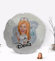 BK Gift Kişiye Özel İsimli Hemşire Karikatürlü Yuvarlak Dekoratif Kırlent Yastık-2