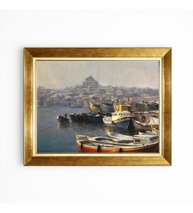 Tablore Tarihi İstanbul Manzaralı Sandallar Gold Çerçeveli Tablo Nostaljik Salon Duvar Kanvası