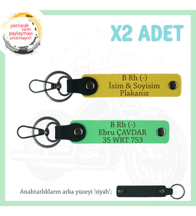 Bikerlar İçin Özel İsim Plaka ve B Rh (-) Kan Grubu Yazılı Hediyelik x2 Anahtarlık, Sarı-F Yeşil-Syh