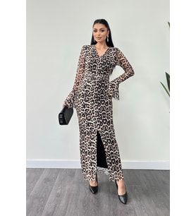 Tül Desenli Kumaş Kolları Volan Detaylı Kalem Elbise - LEOPAR