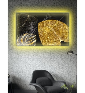 Led Işıklı Gold Siyah Yaprak Tablo