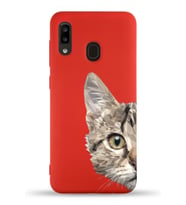 Samsung Galaxy A30 Uyumlu Lansman Kılıf Catface Tasarımlı İçi Kadife Kapak-Kırmızı (Şeffaf)