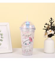 Çiçekli Kedi Işıklı ve Pipetli Bardak, 450 ml, Buzlu ve Kapaklı, Renkli, 20x8