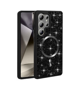 Galaxy S25 Ultra Kılıf Pırlanta Tasarımlı M-safe Şarj Özellikli Mozaik Silikon Kapak (Siyah)