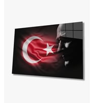 Atatürk Bayrak Atatürk Silüetli Gölgesiz Siyah Fonlu Cam Tablo 4mm Dayanıklı Temperli Cam Atatürk Flag Atatürk Silhouette Shadowless Black Background Glass Wall Art
