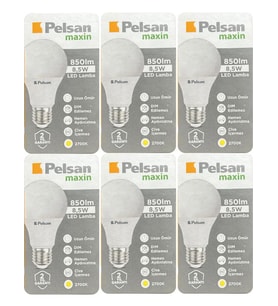 (6 Adet) Pelsan 8,5W 2700K (Sarı Işık) E27 Duylu (Kalın Duy) Led Ampul