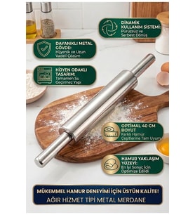 40 Cm Paslanmaz Metal Çelik Merdane Ergonomik Kulplu Çelik Profesyonel Hamur Açma Merdanesi Oklava