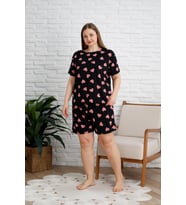 Nisanca  Büyük Beden Kısa Kol Şortlu Kadın Pijama Takımı (Siyah)