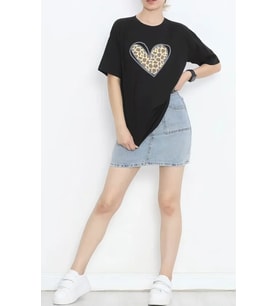 14 Şubat Sevgililer Günü Leopar Kalp Baskılı Oversize Bisiklet Yaka T-shirt - Siyah