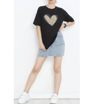 14 Şubat Sevgililer Günü Leopar Kalp Baskılı Oversize Bisiklet Yaka T-shirt - Siyah