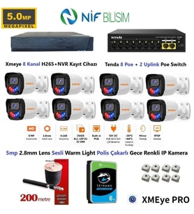 Xmeye 5mp 2.8mm Sabit Lens Polis Çakarlı Sesli Ve Gece Renkli 8 Kameralı IP Kamera Seti 6TB Disk