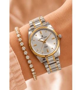 Daniel Klein Marka Yeni Sezon Sarı Gümüş Renk Kesme Cam Kadın Kol Saati 3 lü Hediye Bileklik Seti (Rose - Gold)