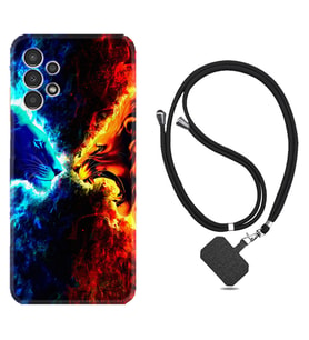 Samsung Galaxy M14 Kılıf Silikon Boyun Askılı İpli Desenli Silikon Red Blue Leon 1714
