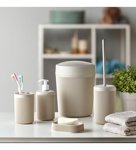 Banyo Seti, Çöp Kovası, Sıvı Sabunluk, Diş Fırçalık, Sabunluk ve Tuvalet Fırçası, 5 Parça (Krem)