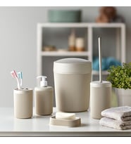 Banyo Seti, Çöp Kovası, Sıvı Sabunluk, Diş Fırçalık, Sabunluk ve Tuvalet Fırçası, 5 Parça (Krem)