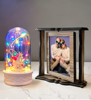 Kişiye Özel 2 Fotoğraflı Dönen Ahşap Çerçeve ve Renkli LED Işıklı Unicorn Fanus Hediye Seti