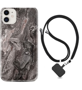 Apple iPhone 11 12 13 Mini Kılıf Boyun Askılı Silikon Gri Mermer 1376