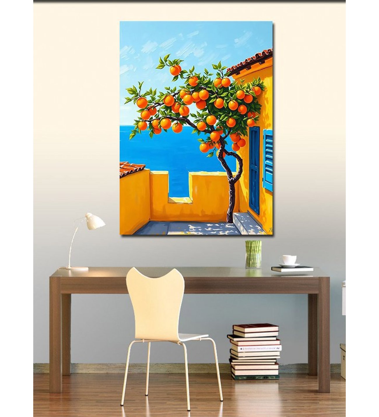 90✖️70cm アクリル画 Kanvas Tablo Portakal Ağacı Ve Akdeniz