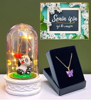 Led Işıklı Biblolu Fanus ve Kelebek Kolye Hediye Seti (Model 8)
