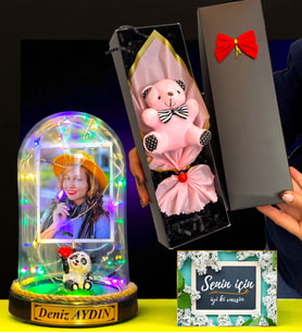 Size Özel Fotoğraflı İsimli Renkli Led Işıklı Fanus ve Kutusunda Pembe Ayıcık Buketi (Model 8)